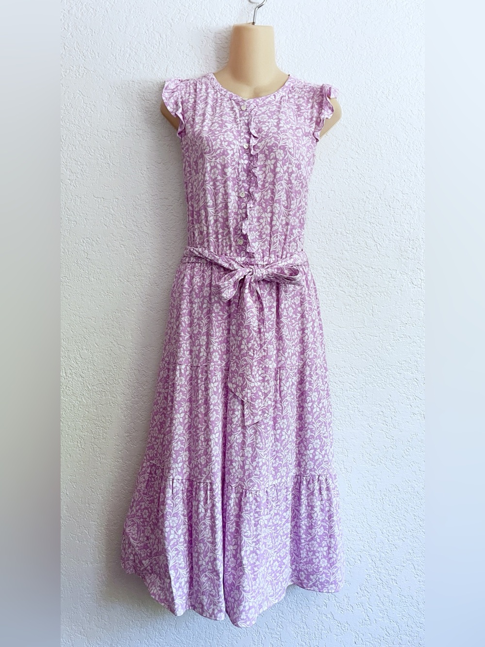 Talbots Tiered Midi Dress Floral Vines Lilac Size 8 Petite Self-Tie Belt Ruffle